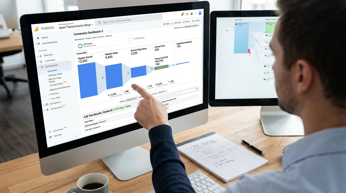 Analytics conversion dashboard showing 12500 organic searches and 155 appointments booked for transmission shop
