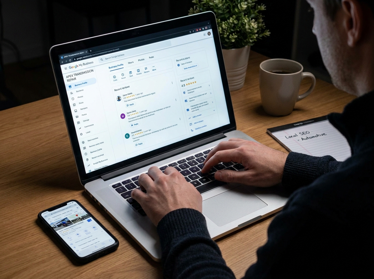 Person managing Google My Business profile on laptop with recent reviews visible and phone showing GBP listing