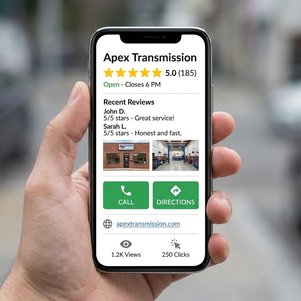 Google Business Profile for Apex Transmission showing 5.0 stars 185 reviews Call and Directions buttons on iPhone