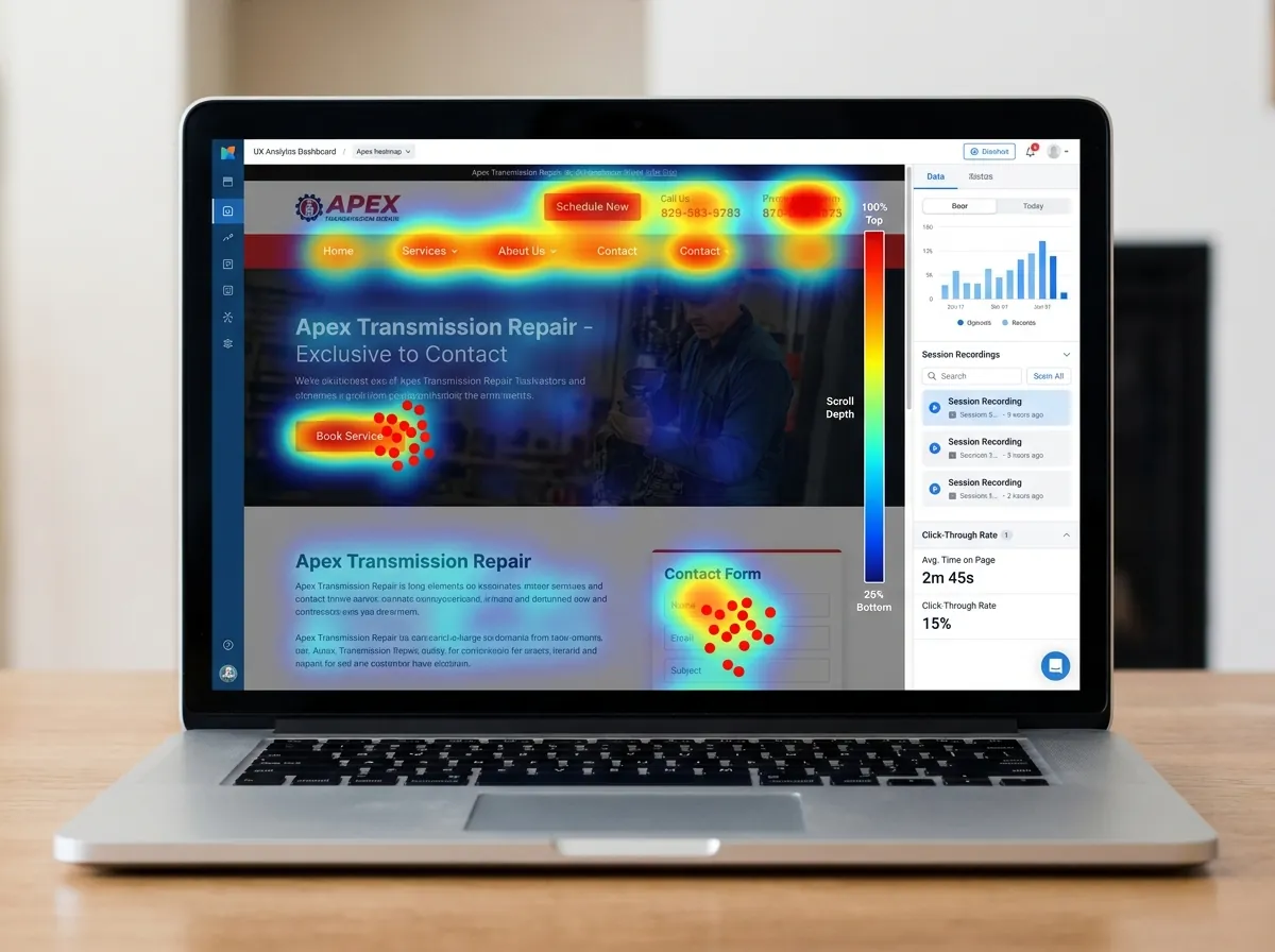 Laptop showing a transmission shop website heatmap and analytics dashboard