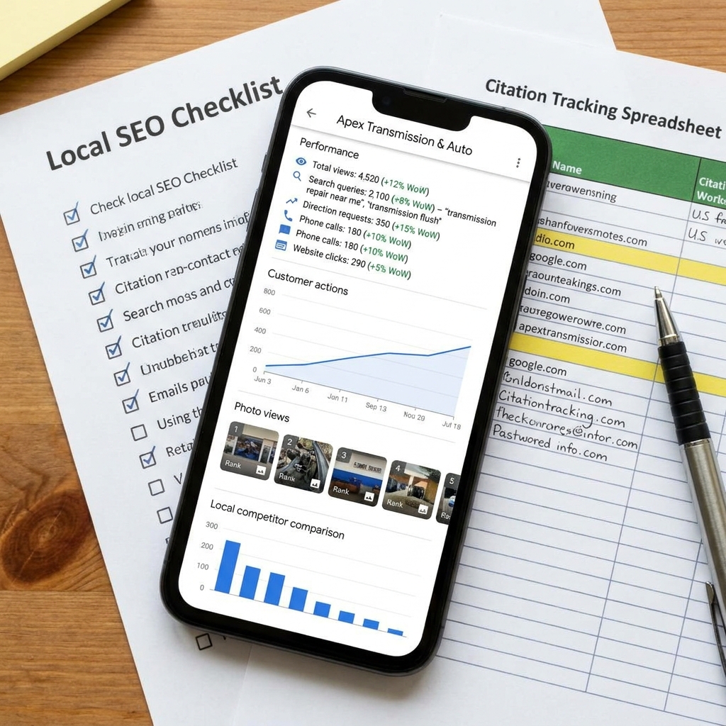 Local SEO checklist and citation tracking spreadsheet alongside Google Business Profile performance data showing 4520 total views and 350 phone calls