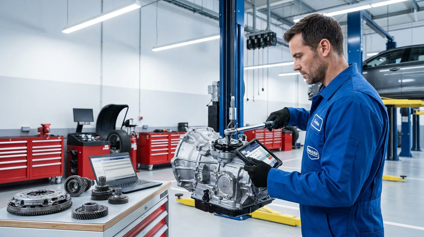 Transmission technician using tablet to scan transmission unit in professional shop
