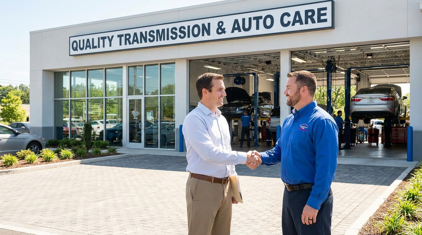 Marketing consultant shaking hands with transmission shop owner in front of Quality Transmission and Auto Care shop