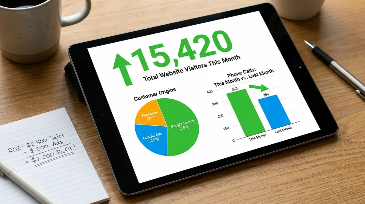 Tablet showing campaign performance inside a transmission repair shop