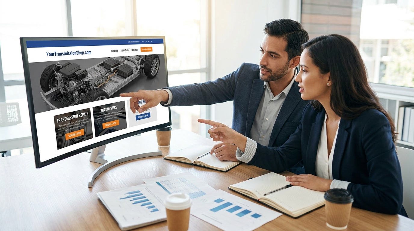 Marketing team reviewing transmission repair website on large monitor pointing to improvements